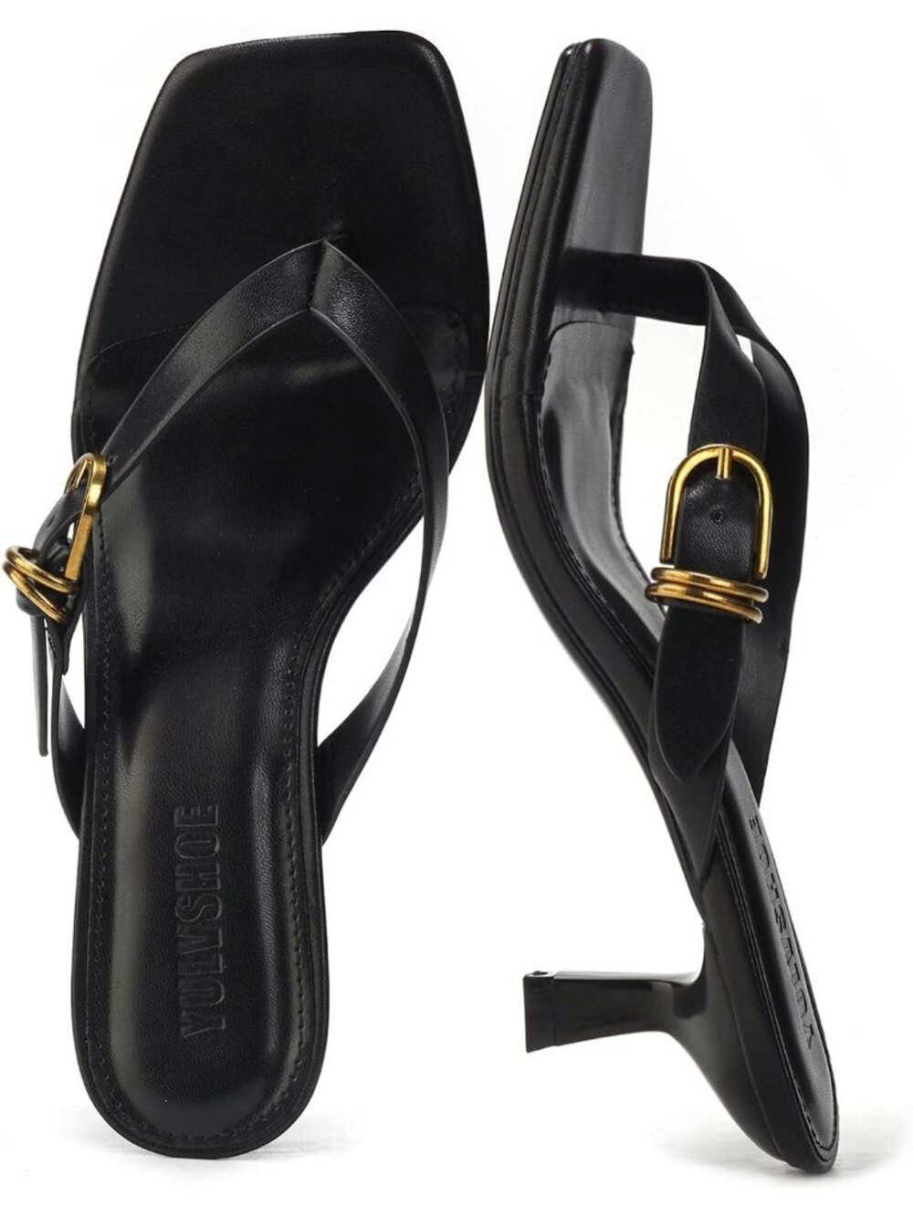 Women's Black Faux Leather Square Open Toe Flip Flop 2 Inch Thong Heeled Sandals